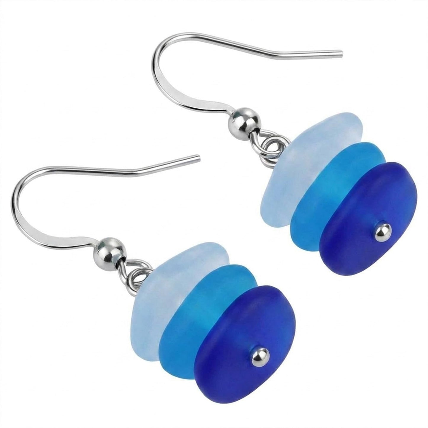 1 Pair Sea Glass Drop Dangle Earrings, Blue White Three Layer Gradient Handmade Sea Glass Jewelry for Women Beach Coastal Vacation