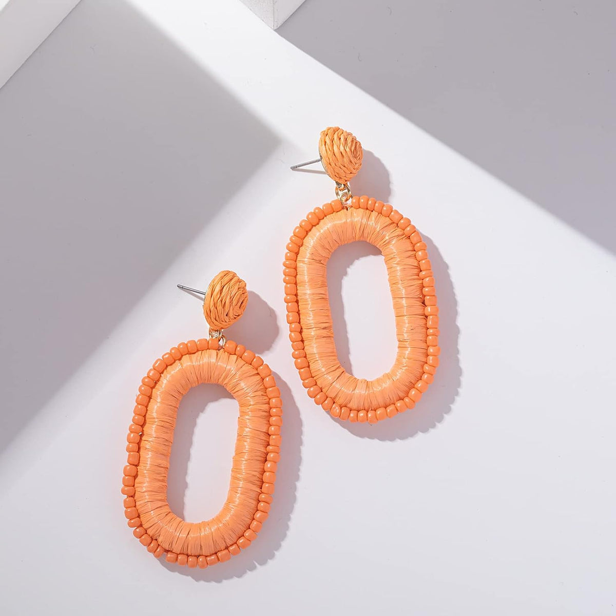 Boho Beaded Raffia Drop Earrings Statement Fun Square Dangle Summer Jewelry | Handmade Colorful Bead Chunky Accessories Big Geometric Dangling Vacation Tropical Bohemian Hawaiian Outfits for Women