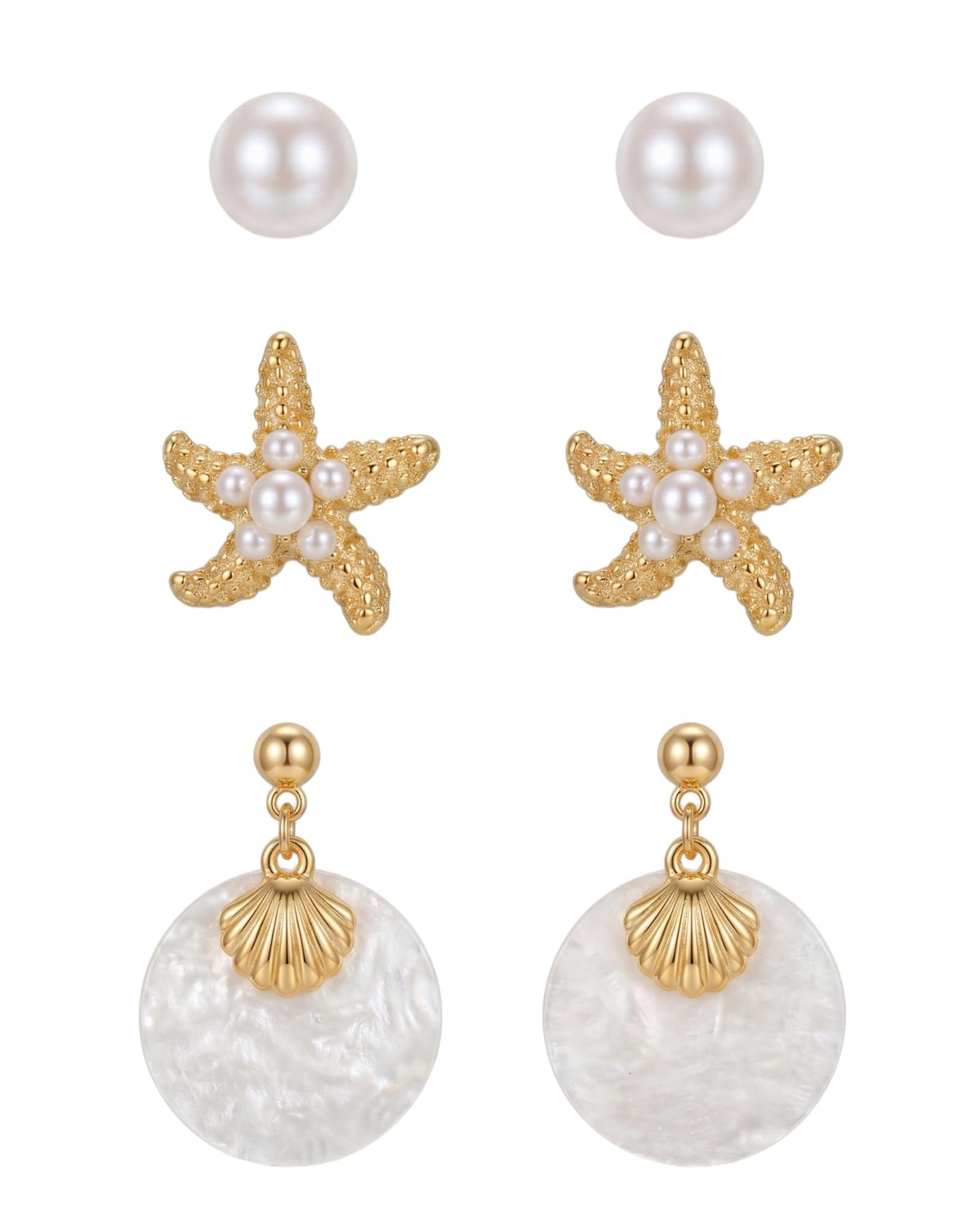 Seashell Starfish Earring for Women | 3 Pairs Ocean Seashell Earring, Summer Beach Vacation Jewelry Accessories