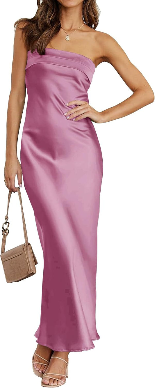 MEROKEETY Womens Satin Strapless Bodycon Wedding Guest Maxi Dress | Tube Backless Sleeveless, Bodycon, Cocktail Party, Semi Formal, Birthday, Club, Date Night, Elegant Sexy Long Dress