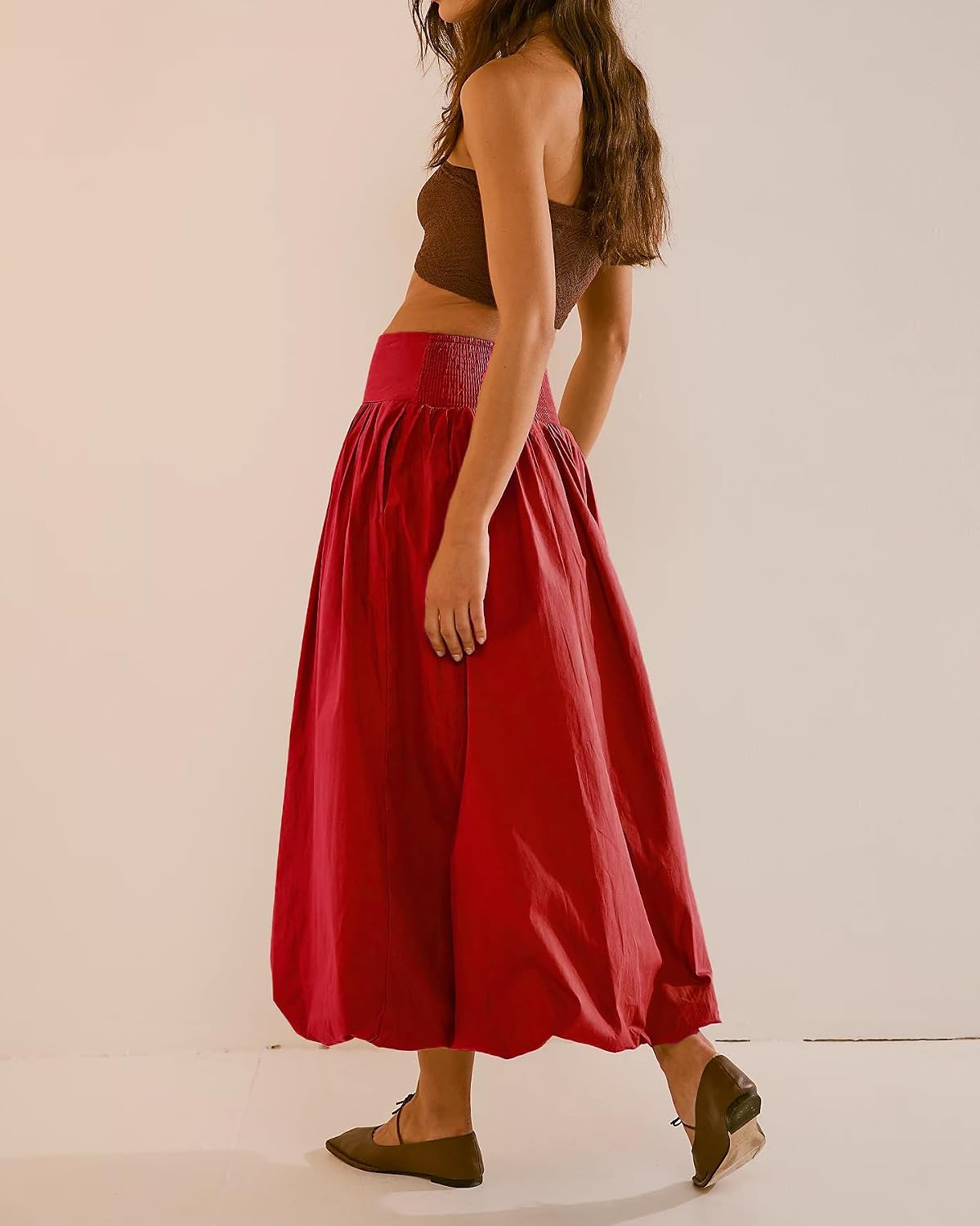 NUFIWI Women Y2k Bubble Maxi Skirt Low Elastic Waist A Line Long Skirt Summer Casual Ruffle Pleated Midi Dress