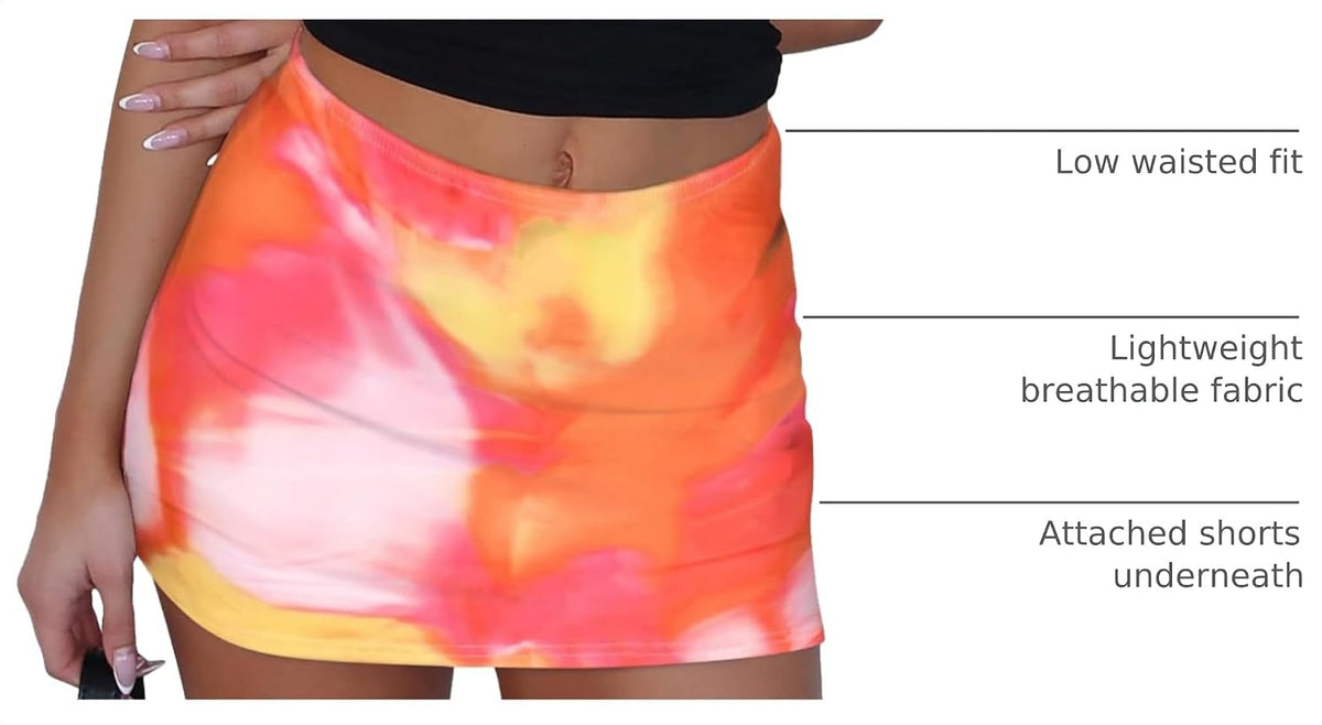 Women Low Rise Mini Skort Floral Beach Skirt with Shorts | Soft lightweight jersey fabric, boho tie dye print, shorts underneath, slim fit, casual, vacation, festival outfits.