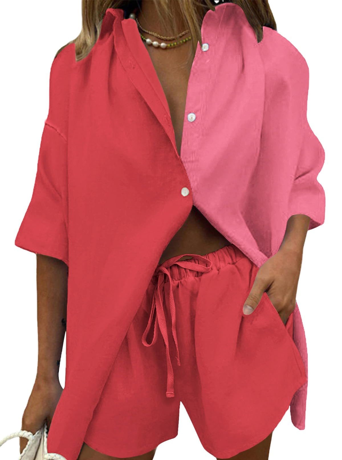 Fixmatti Women 2 Piece Outfits Long Sleeve Button Down Blouse and Shorts Sweatsuit Sets