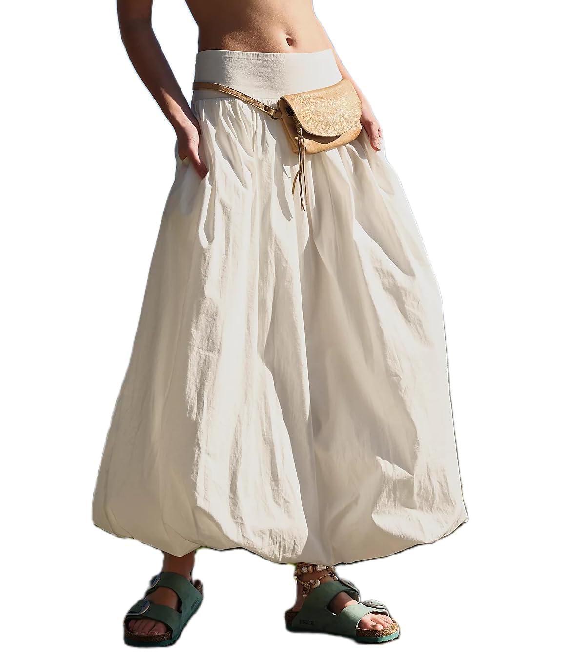 NUFIWI Women Y2k Bubble Maxi Skirt Low Elastic Waist A Line Long Skirt Summer Casual Ruffle Pleated Midi Dress