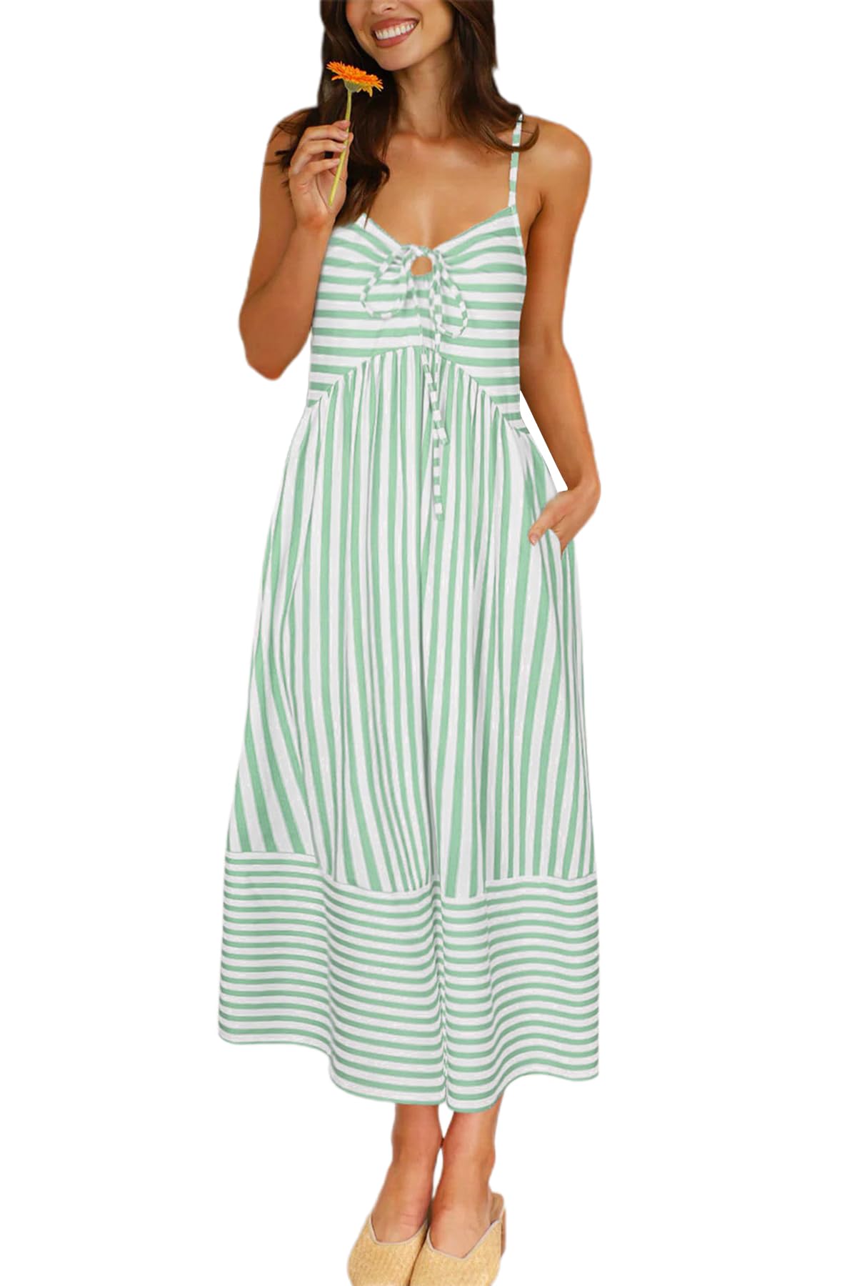 Fashionme 2026 Women Summer Boho Maxi Dresses Vacation Beach with Pockets | Striped,Sleeveless Back Shirred Beach Long Sundresses, A Line Spaghetti Strap,Back Tie V Neck,Trendy,Soft Knit Dress, S-XL