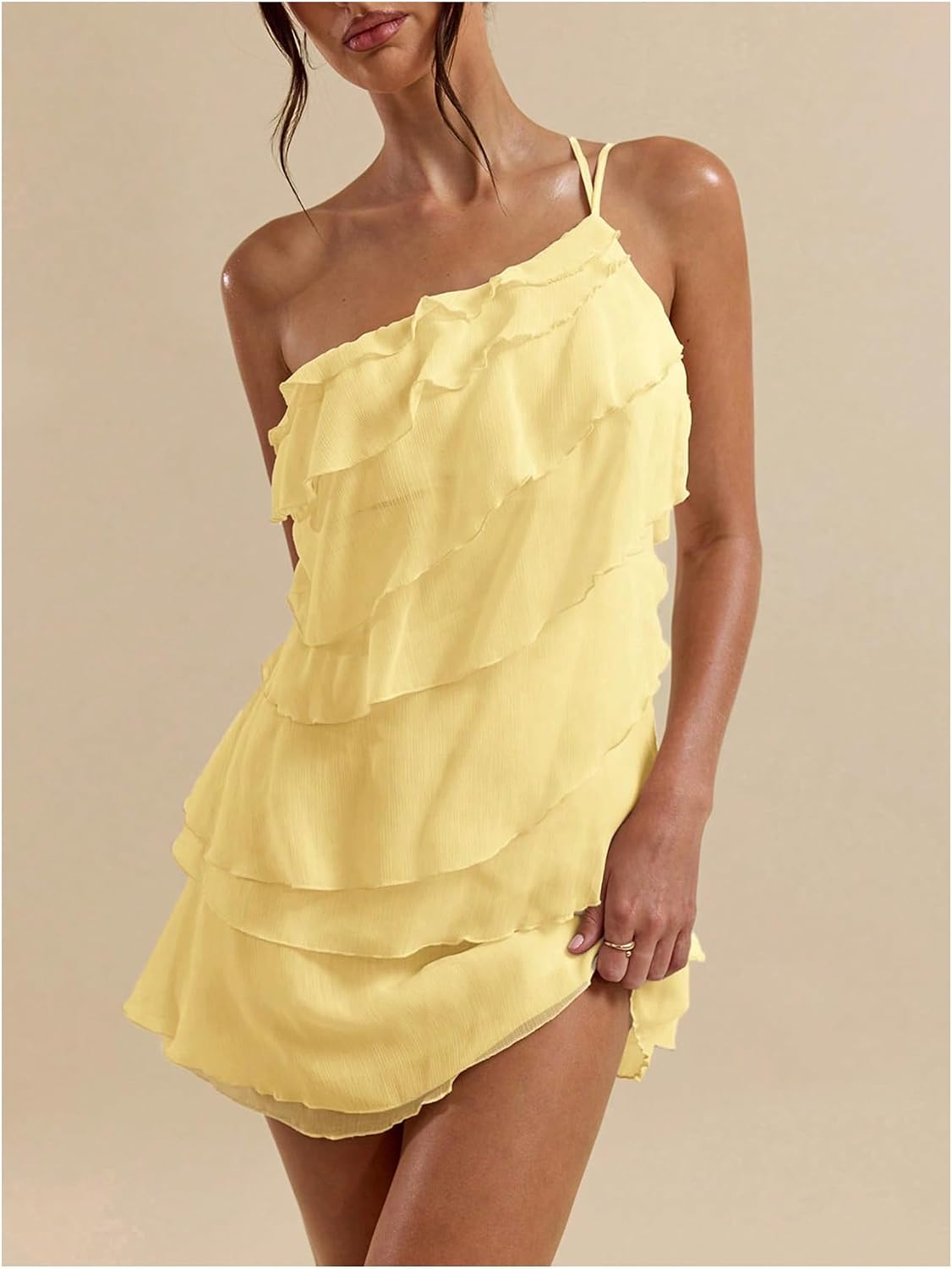 SOLY HUX Women's One Shoulder Ruffle Mini Dress | Ruffle,Mesh,Layered,Backless,Party Dresses,Cocktail