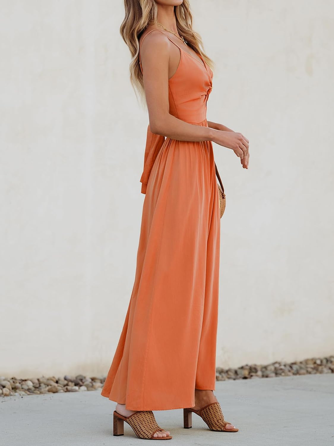 CUPSHE Women's V Neck Twisted Pleated Cutout Backless Formal Maxi Dress | Sleeveless, Self Tie Back, Adjustable Spaghetti Straps, Open Back, Casual Flowy Long Skirt, Summer Beach Resort Sundress