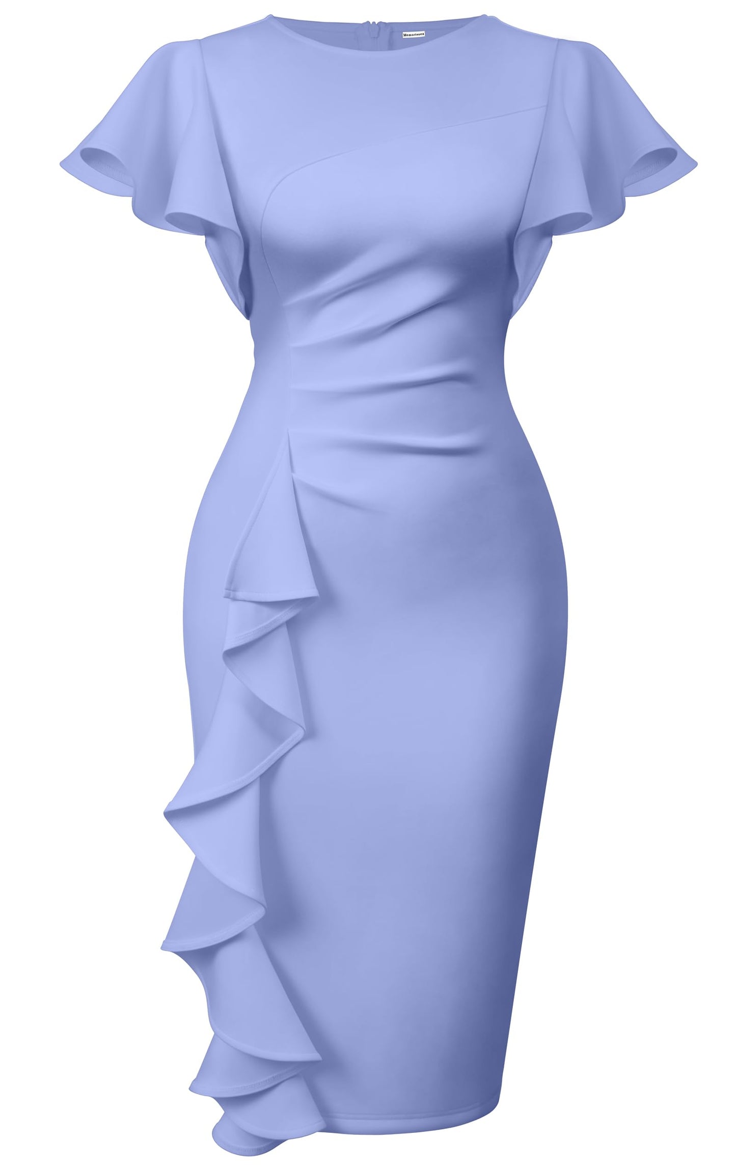 Memoriesea Women's Church Ruffle Sleeve Ruched Work Midi Dress | Back Zipper,Ruched Waist,Knee Length,Classic Sheath Outfits for Office Business Graduation Teacher Formal Cocktail Travel