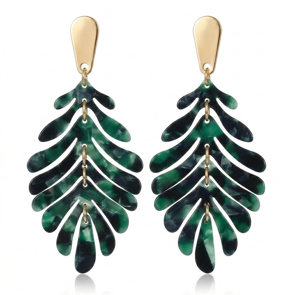 Sonateomber Large Gold Leaf Dangle Drop Earrings for Women, Long Statement Acrylic Palm Leaf Resin Dangling Earing Summer Beach Vacation Tropical Accessories Fashion Jewelry Gift