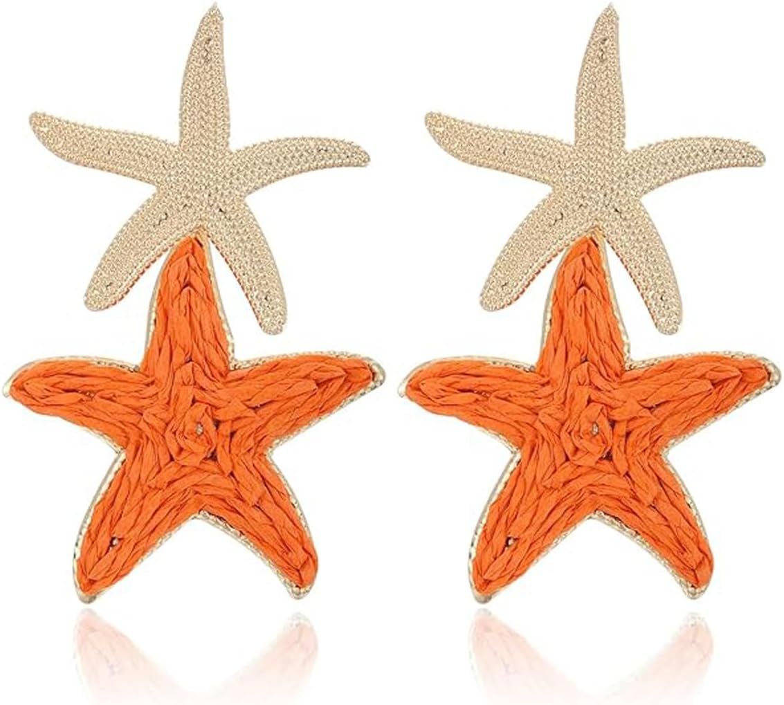 Raffia Starfish Earrings for Women Gold White Starfish Dangle Earrings Raffia Straw Statement Drop Earring Boho Summer Tropical Vacation Earring Beach Jewelry