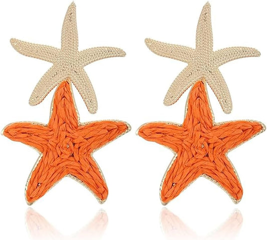 Raffia Starfish Earrings for Women Gold White Starfish Dangle Earrings Raffia Straw Statement Drop Earring Boho Summer Tropical Vacation Earring Beach Jewelry