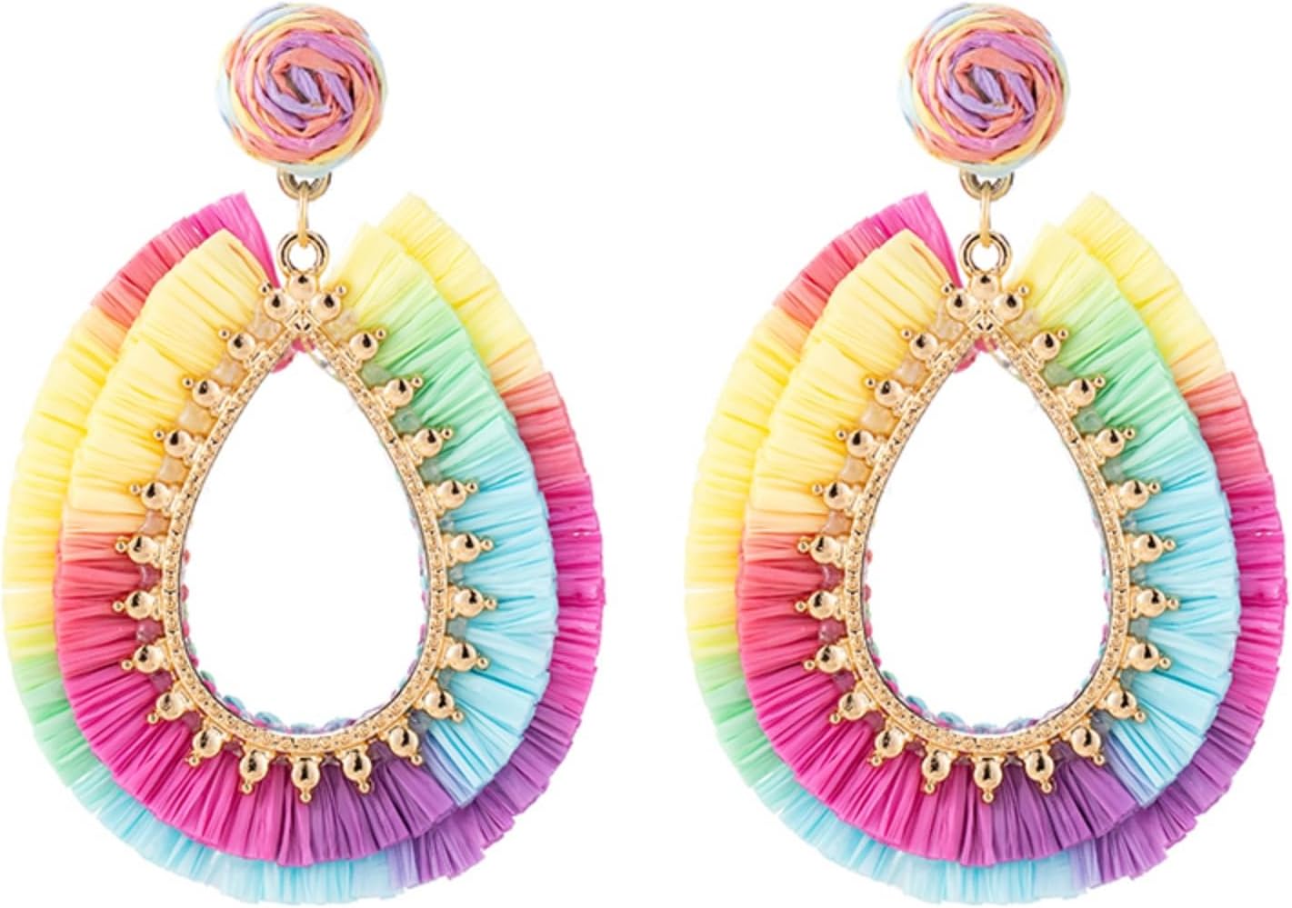 Handmade Raffia Rattan Boho Teardrop Dangle Earrings for Women Colorful Straw Wrap Summer Earrings for Summer Beach Vacation Accessories