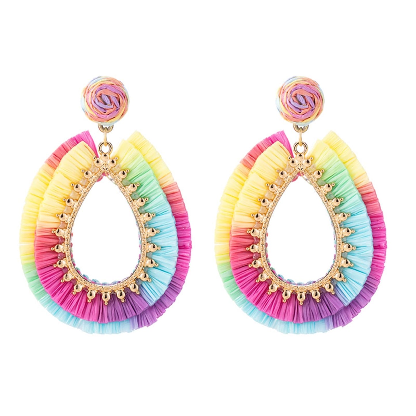 Handmade Raffia Rattan Boho Teardrop Dangle Earrings for Women Colorful Straw Wrap Summer Earrings for Summer Beach Vacation Accessories