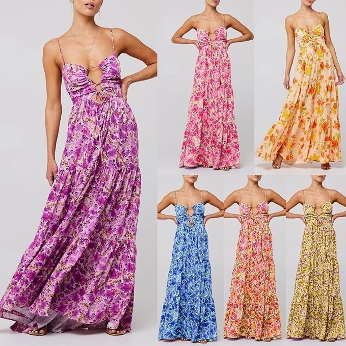 ABYOVRT Women Floral Maxi Dress Tie Front Cut Out Backless Boho Spaghetti Strap Summer Beach Sundress