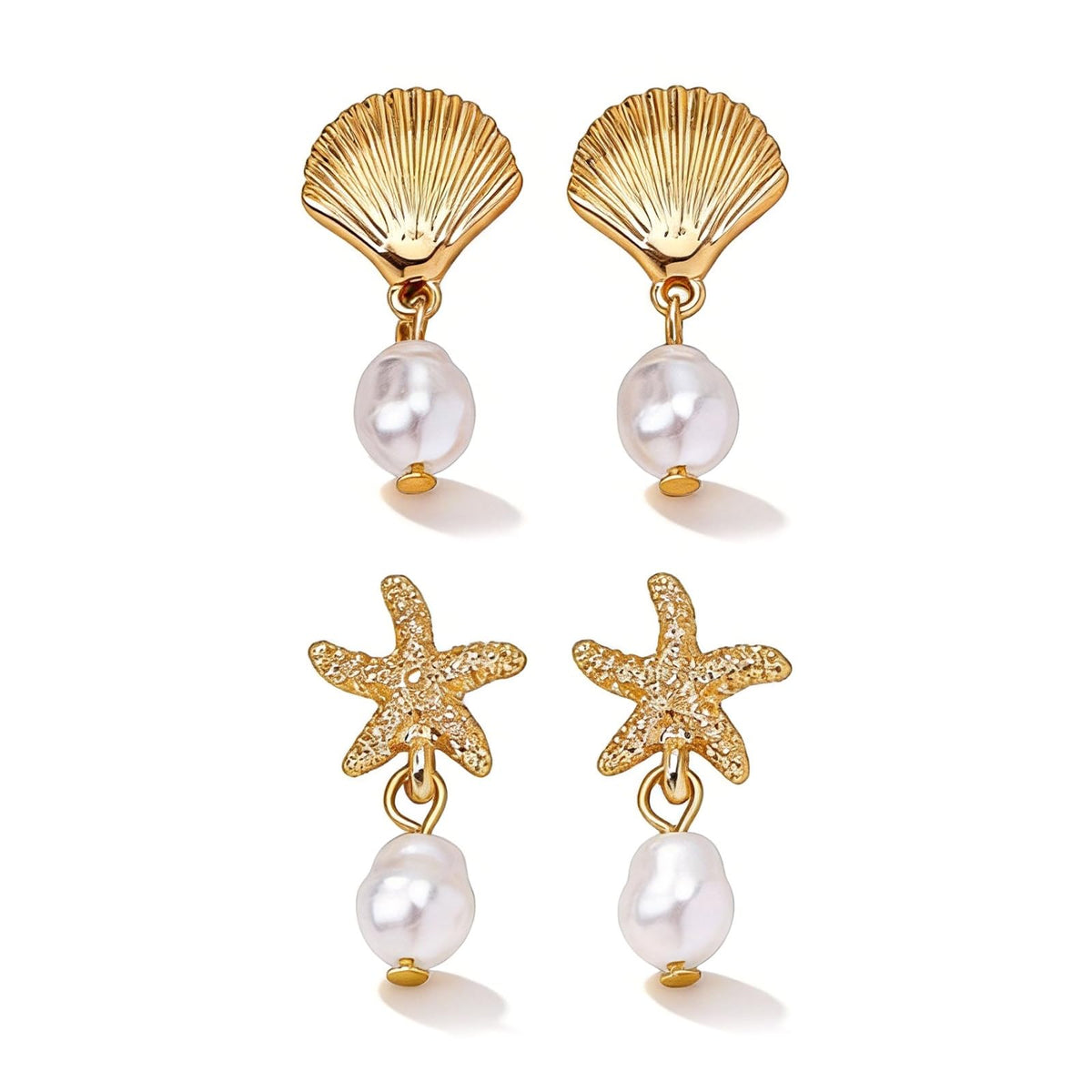 Gold Starfish Earrings for Women Pearl Accent Dangle Drop Earrings Statement Beach Jewelry Coastal Ocean Inspired Earrings for Summer Vacation Tropical Party Cruise and Resort Outfits