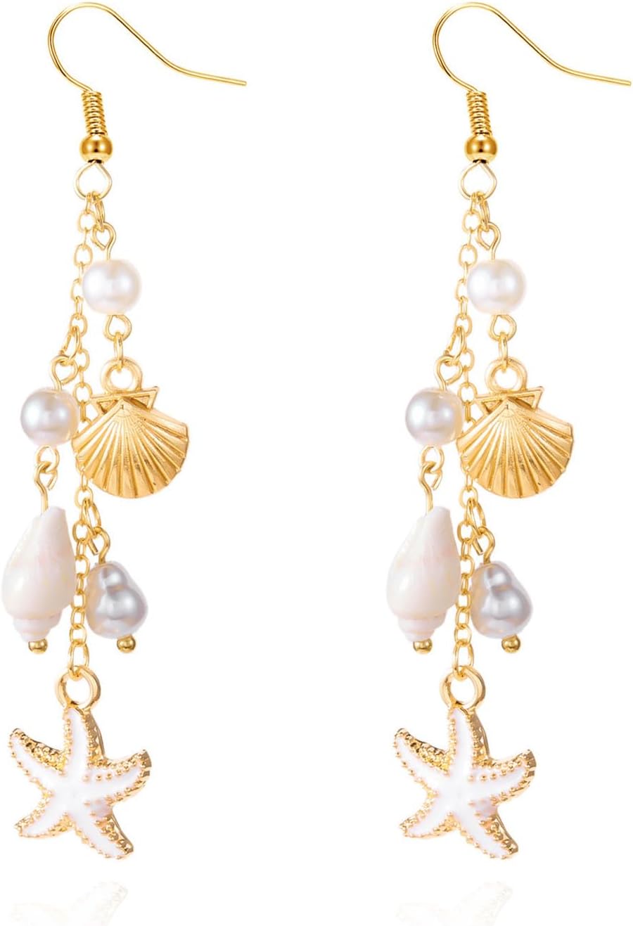 Gold Starfish Shell Dangle Drop Earrings, Beach Jewelry for Women, Summer Boho Beachy Vacation Accessories