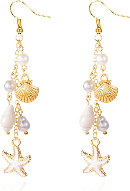 Gold Starfish Shell Dangle Drop Earrings, Beach Jewelry for Women, Summer Boho Beachy Vacation Accessories