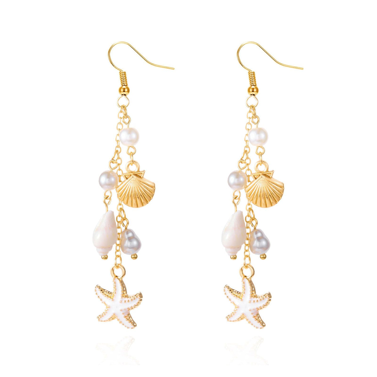 Gold Starfish Shell Dangle Drop Earrings, Beach Jewelry for Women, Summer Boho Beachy Vacation Accessories