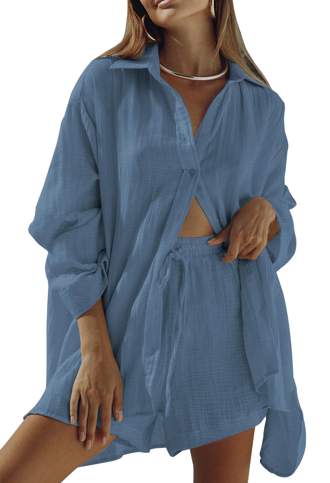 Fixmatti Women 2 Piece Outfits Long Sleeve Button Down Blouse and Shorts Sweatsuit Sets