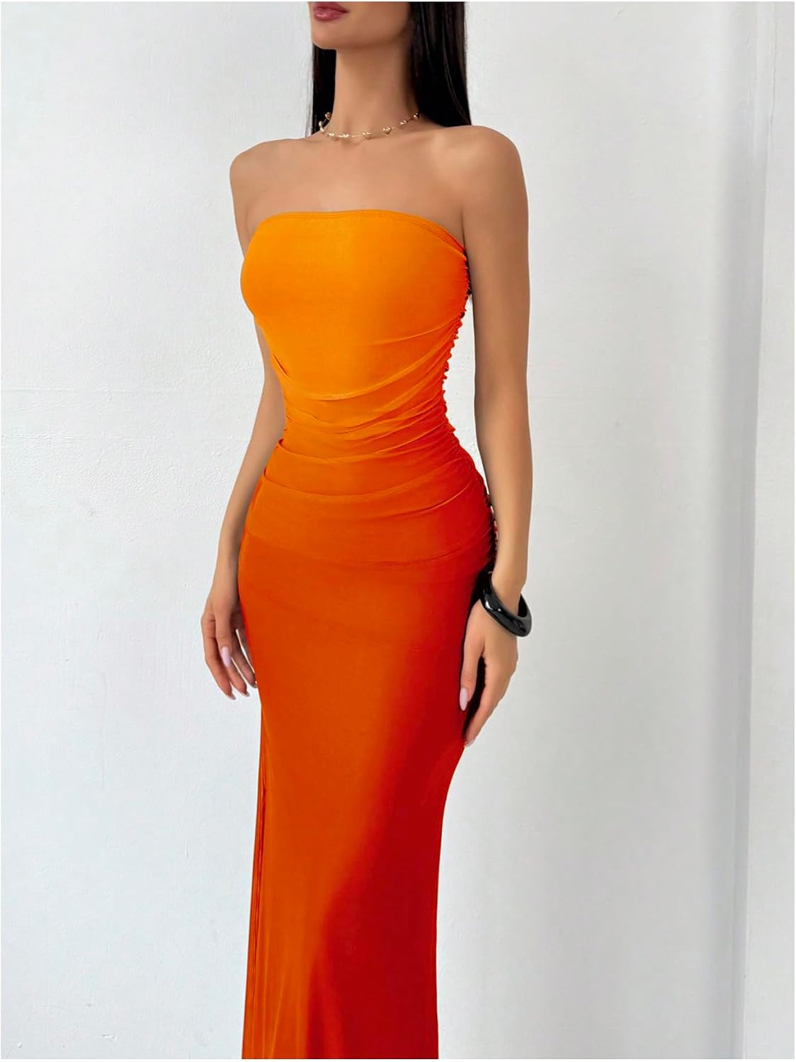 GORGLITTER Women's Sunset Ombre Strapless Cocktail Bridal Shower Midi Dress | Orange Wedding Guest Dress, Mesh Tube Dresses, Bridesmaid Sundresses, Vacation Beach Outfits