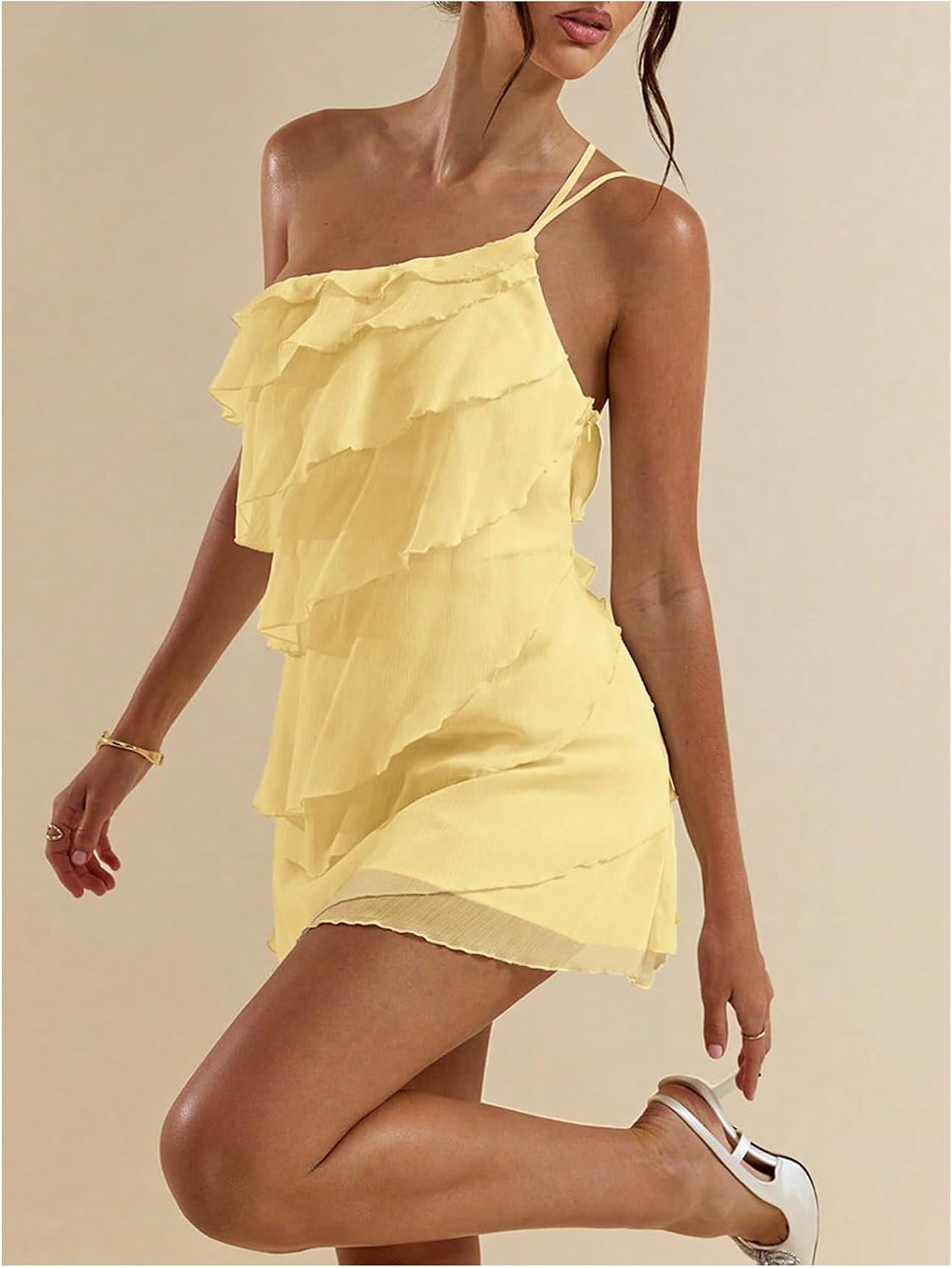SOLY HUX Women's One Shoulder Ruffle Mini Dress | Ruffle,Mesh,Layered,Backless,Party Dresses,Cocktail