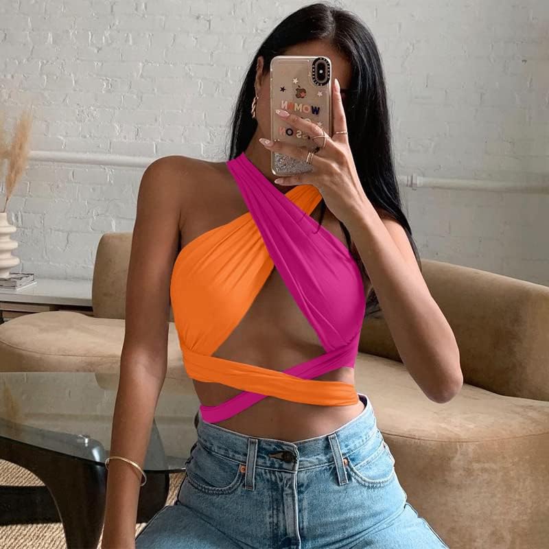 ZAFUL Womens Ribbed Halter Crop Top Ruched Lace-up Cropped Cami Bandana Top Criss Cross Wrap Print Tank Top