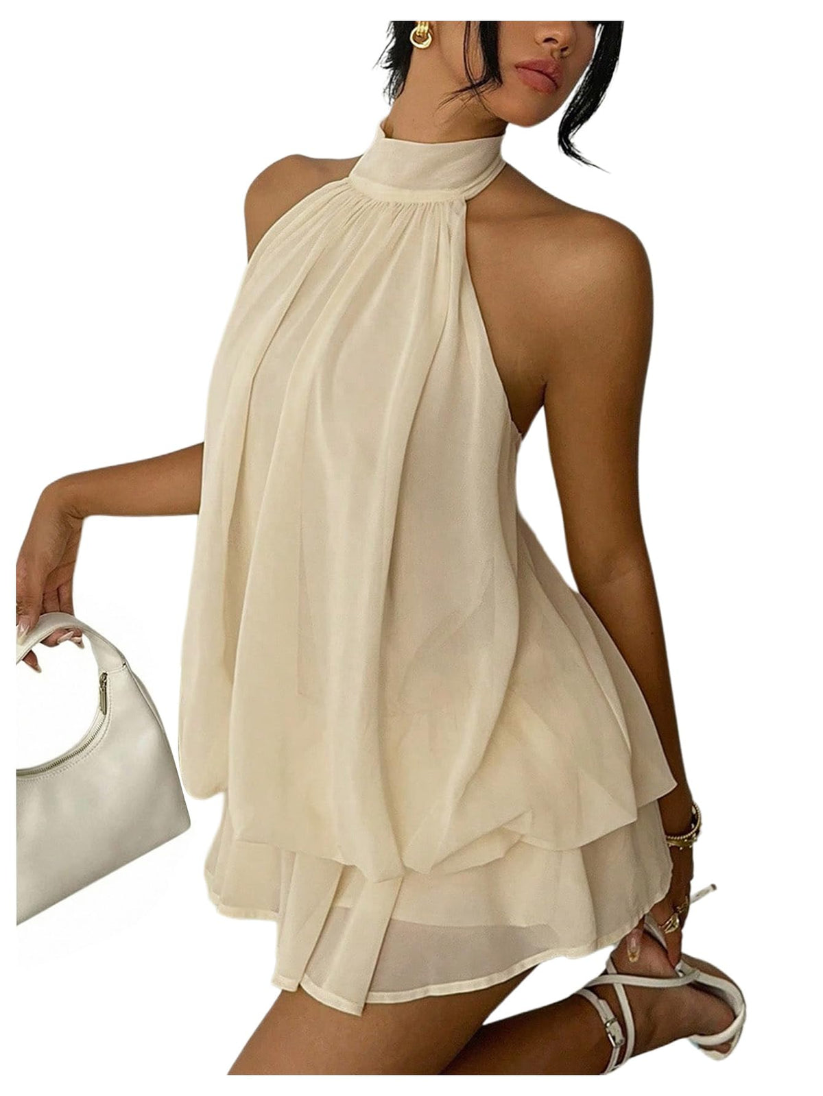Verdusa Women's Chiffon Halter Drop Waist Flowy Wedding Guest Mini Dresses | Sleeveless, Ruffle Hem, Loose Fit, Brunch Outfits, Birthday, Going Out, Cocktail, Y2k