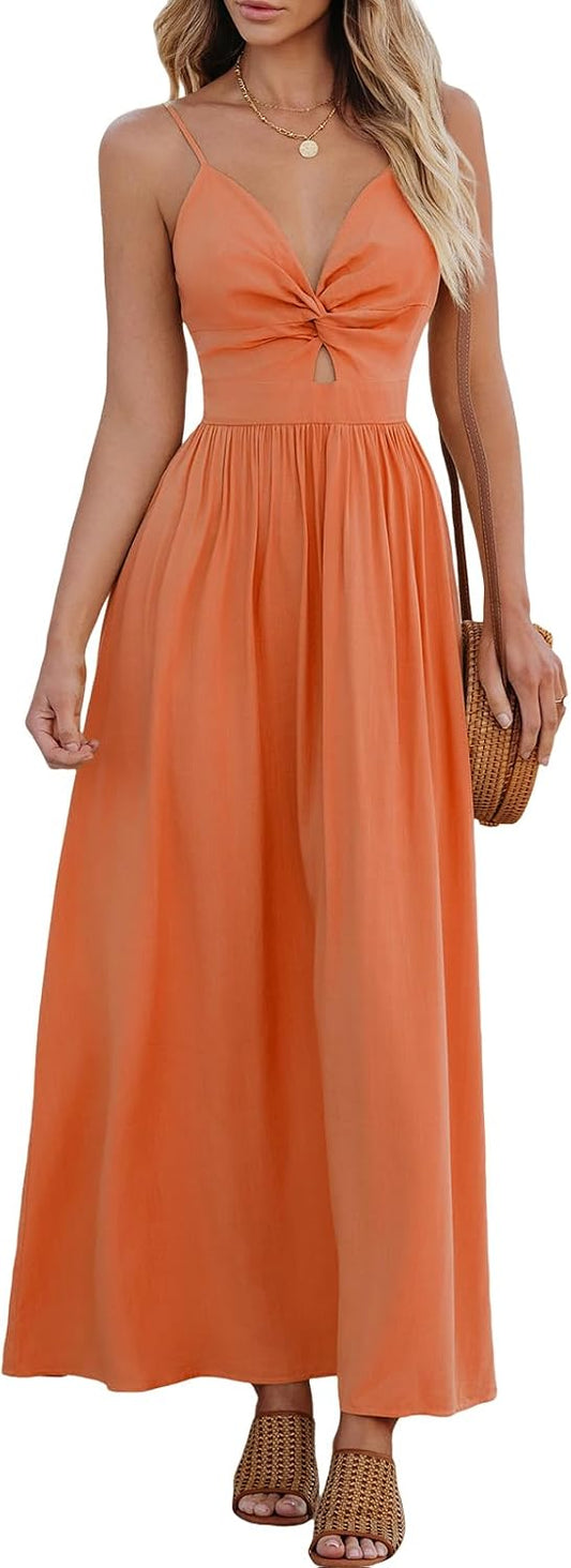 CUPSHE Women's V Neck Twisted Pleated Cutout Backless Formal Maxi Dress | Sleeveless, Self Tie Back, Adjustable Spaghetti Straps, Open Back, Casual Flowy Long Skirt, Summer Beach Resort Sundress