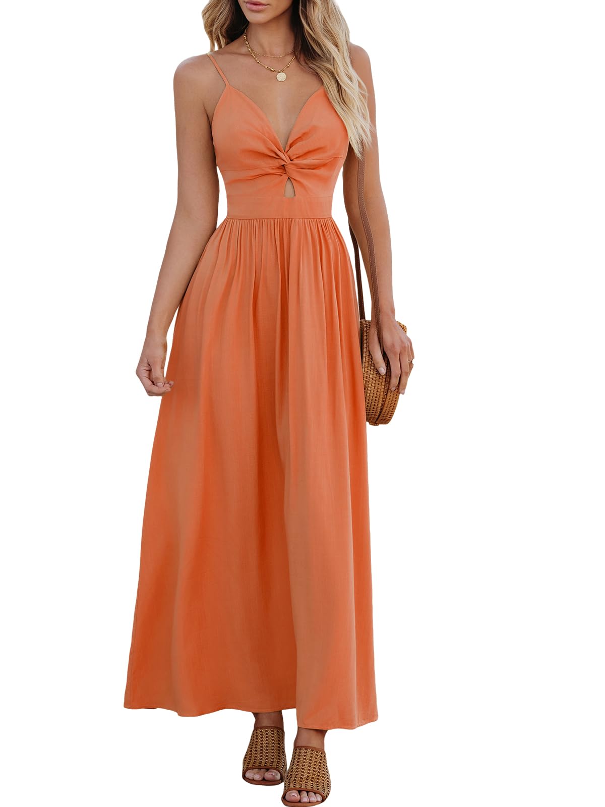 CUPSHE Women's V Neck Twisted Pleated Cutout Backless Formal Maxi Dress | Sleeveless, Self Tie Back, Adjustable Spaghetti Straps, Open Back, Casual Flowy Long Skirt, Summer Beach Resort Sundress