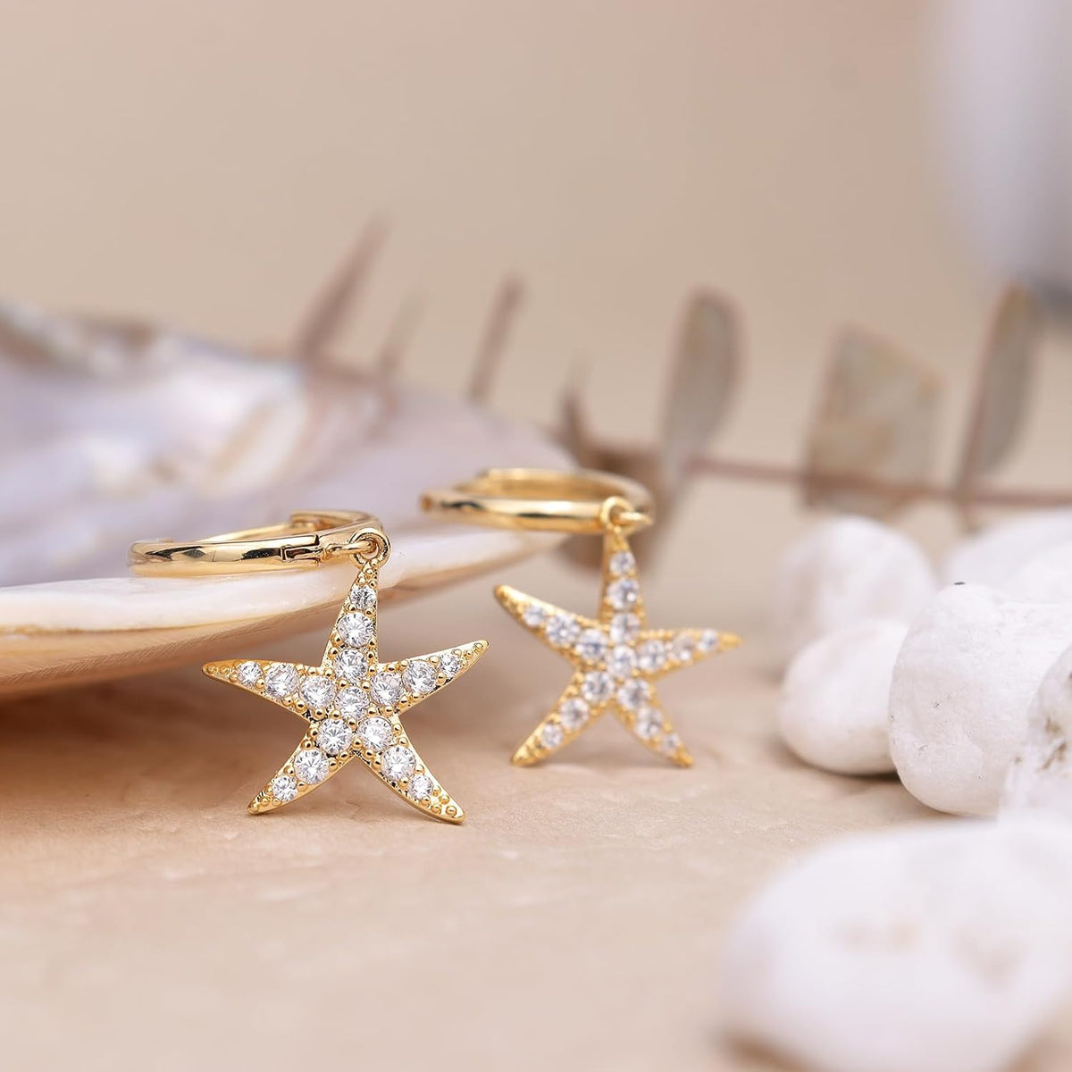 Jean Beau Gold Hoop Dangle Earrings for Women, Trendy Dainty Rhinestone CZ Christmas Tree Clover Starfish Drop Earrings Fashion Holiday Party Jewelry Gift