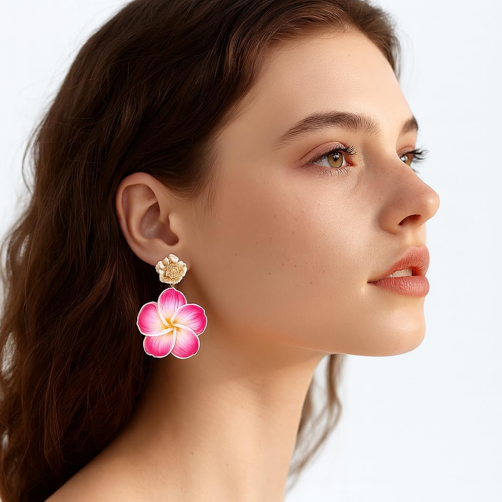 Pink Flower Earrings for Women,Gold Plated Floral Drop Dangle Earrings Statement Beach Party Vacation Hawaiian Style Jewelry Gift