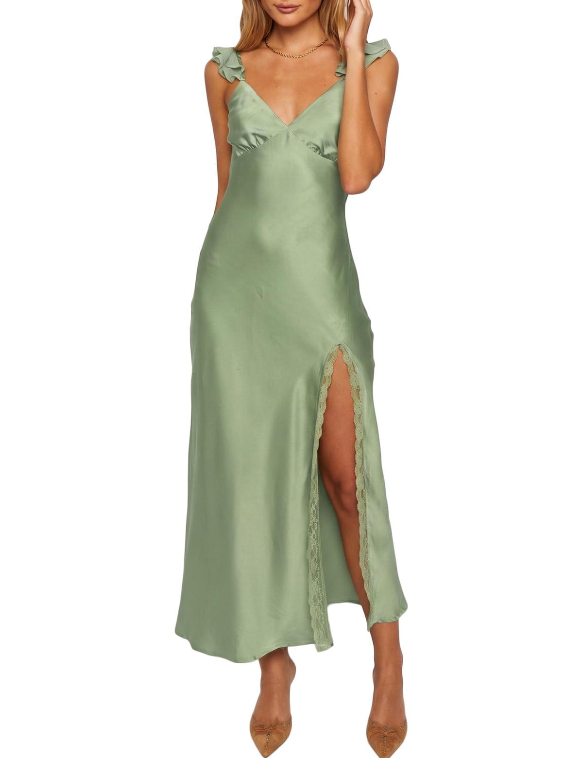 KOUNAI Women's Satin Summer Lace Slit Formal Midi Dress for Wedding Guest | Silk,Elegant,Ruffle Sleeve,Cocktail,Bridesmaid, Beach, Vacation,Party,Adjustable Straps,Graduation,Baby Showe,Engagement