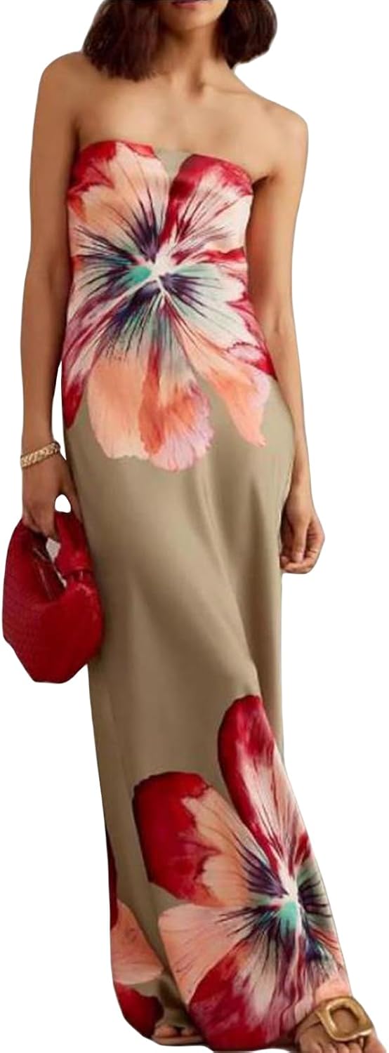 Women Strapless Floral Dress Bodycon Tube Printed Sleeveless Mesh Long Party Boho Beach Flowy Summer Maxi Dress