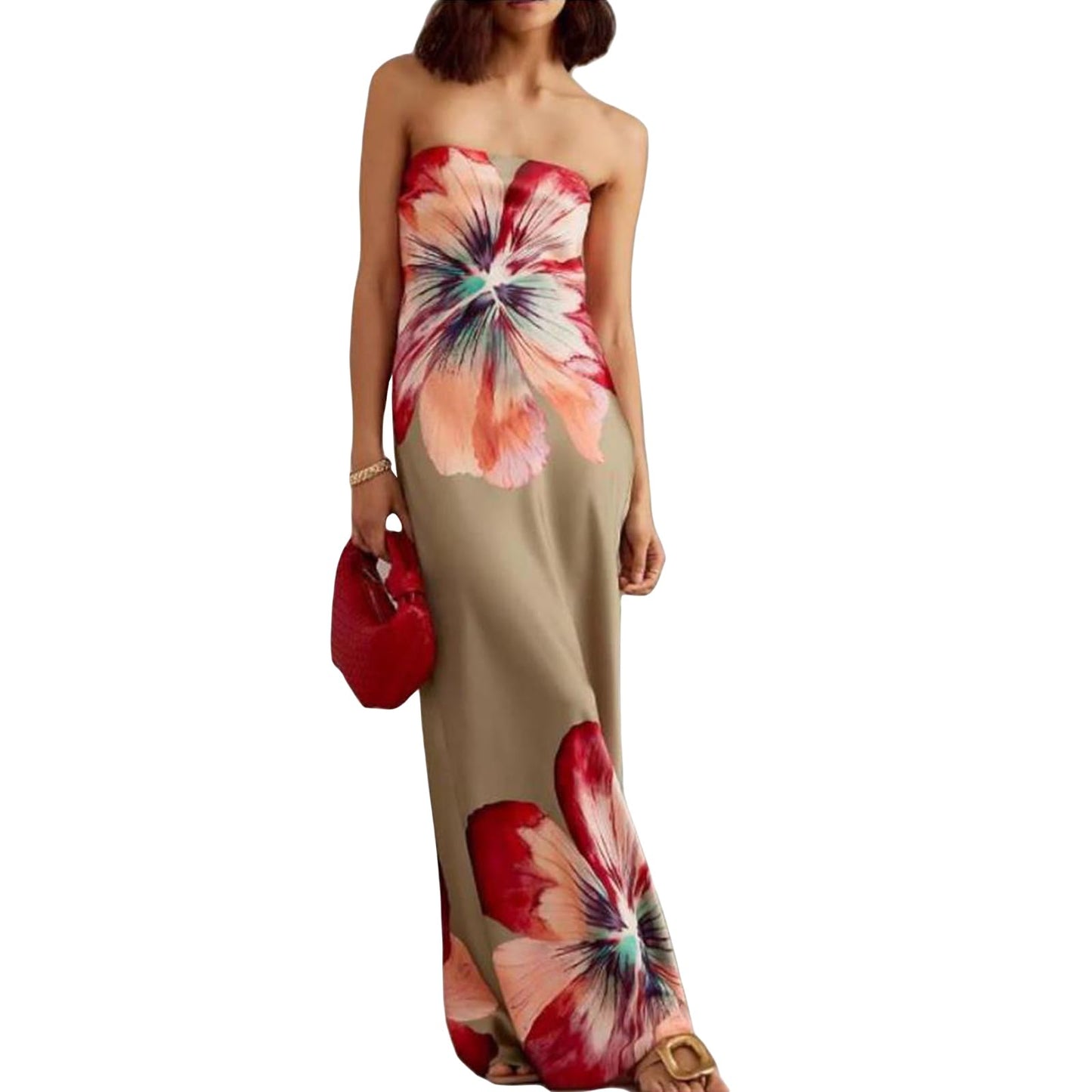 Women Strapless Floral Dress Bodycon Tube Printed Sleeveless Mesh Long Party Boho Beach Flowy Summer Maxi Dress