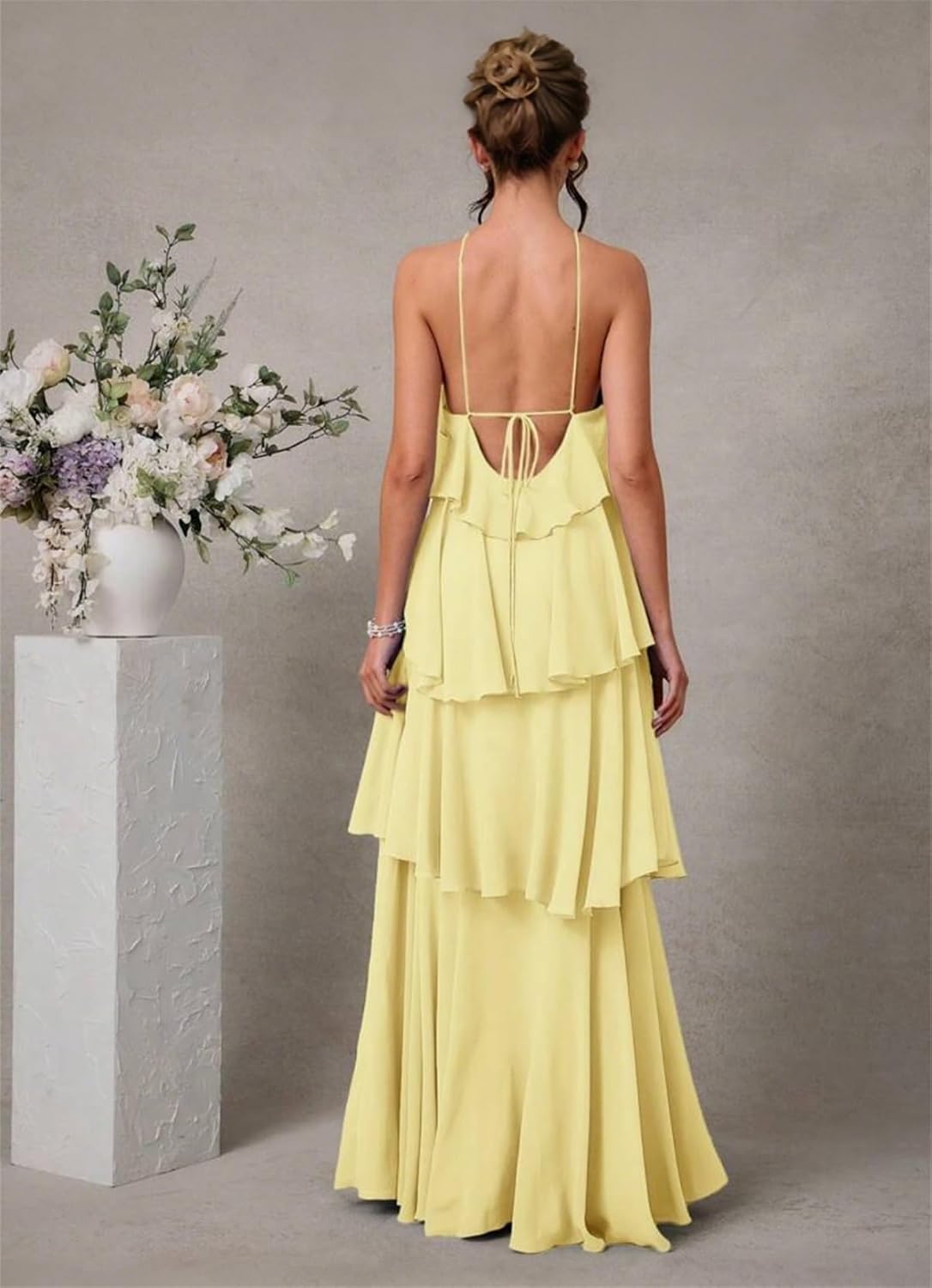 Chiffon Halter Bridesmaid Dresses for Women A Line Tiered Ruffle Long Formal Evening Gown