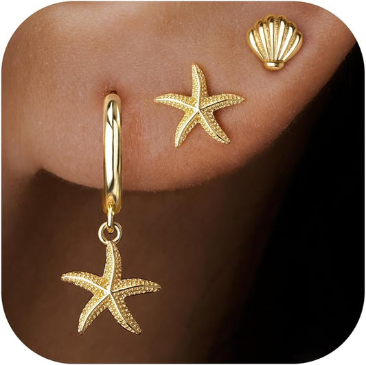 14K Gold Planted Seashell Starfish Stud dangle Earrings for Women, Summer Beach Hoop Earrings for Multiple Piercing Cartilage, Dainty Trendy Dangling Earring 3 Pairs Set Vacation Ocean Outfits Accessories Jewelry
