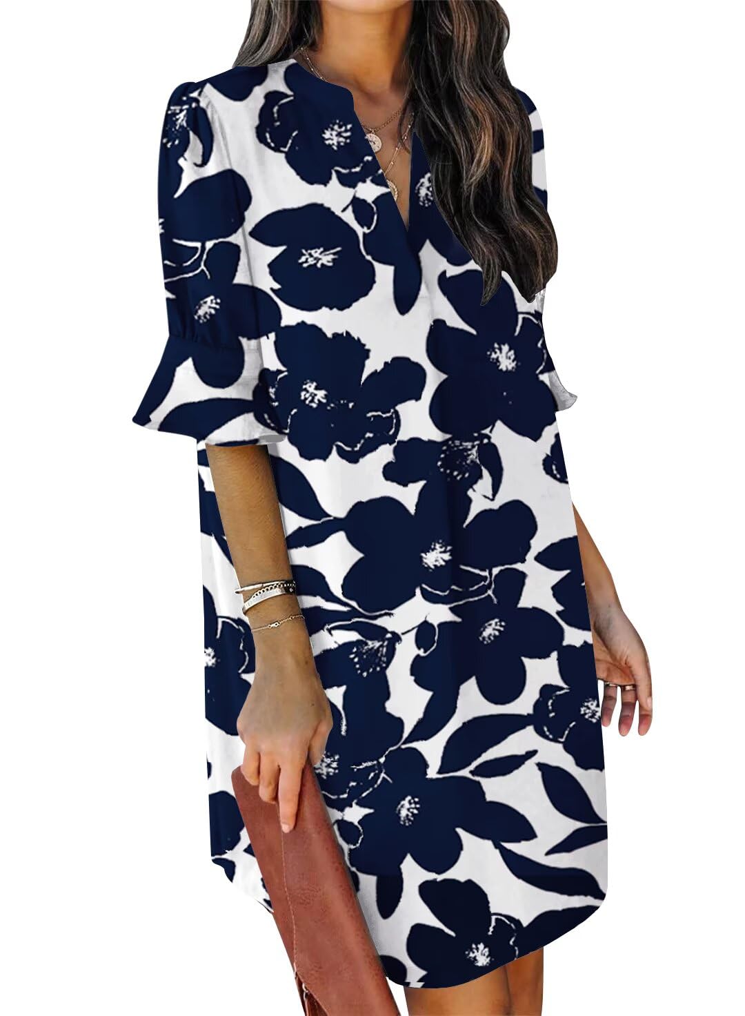 QACOHU Womens Summer Casual V Neck Shift Mini Dress | Flowy Swing Basic Dress, Ruffle Short Sleeve, Floral Boho Style, Wedding Guest Daily Work Clothes, Beach Vacation Outfits