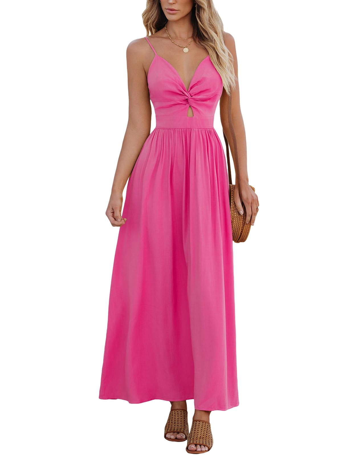 CUPSHE Women's V Neck Twisted Pleated Cutout Backless Formal Maxi Dress | Sleeveless, Self Tie Back, Adjustable Spaghetti Straps, Open Back, Casual Flowy Long Skirt, Summer Beach Resort Sundress