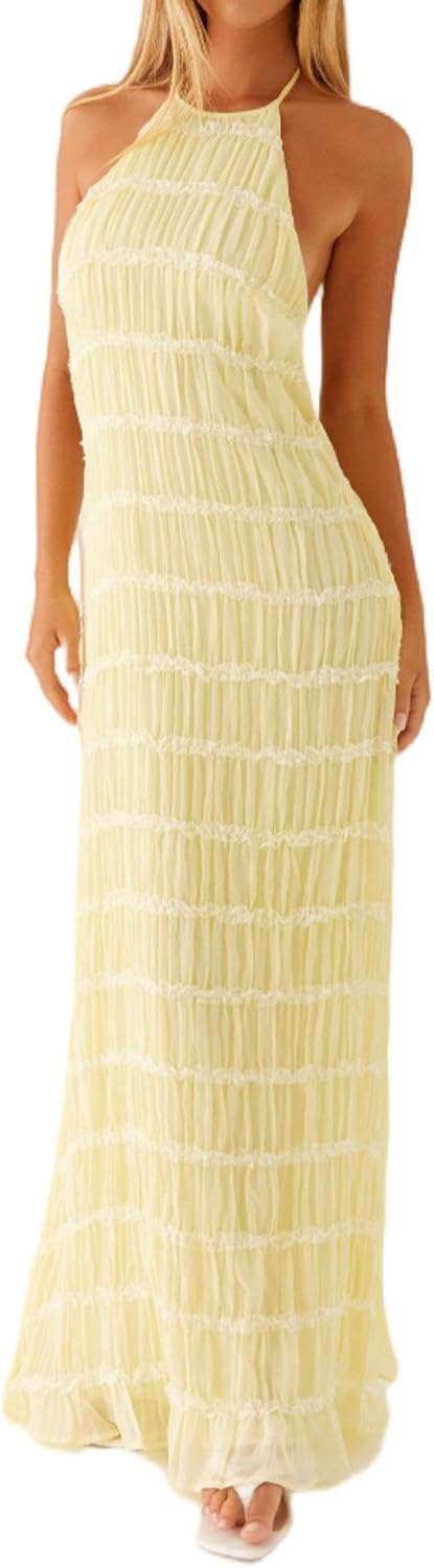 Women Halter Flowy Vacation Long Dress Sexy Sheer Ruched Backless Dress Y2k Sleeveless Beach Tiered Maxi Sundresses