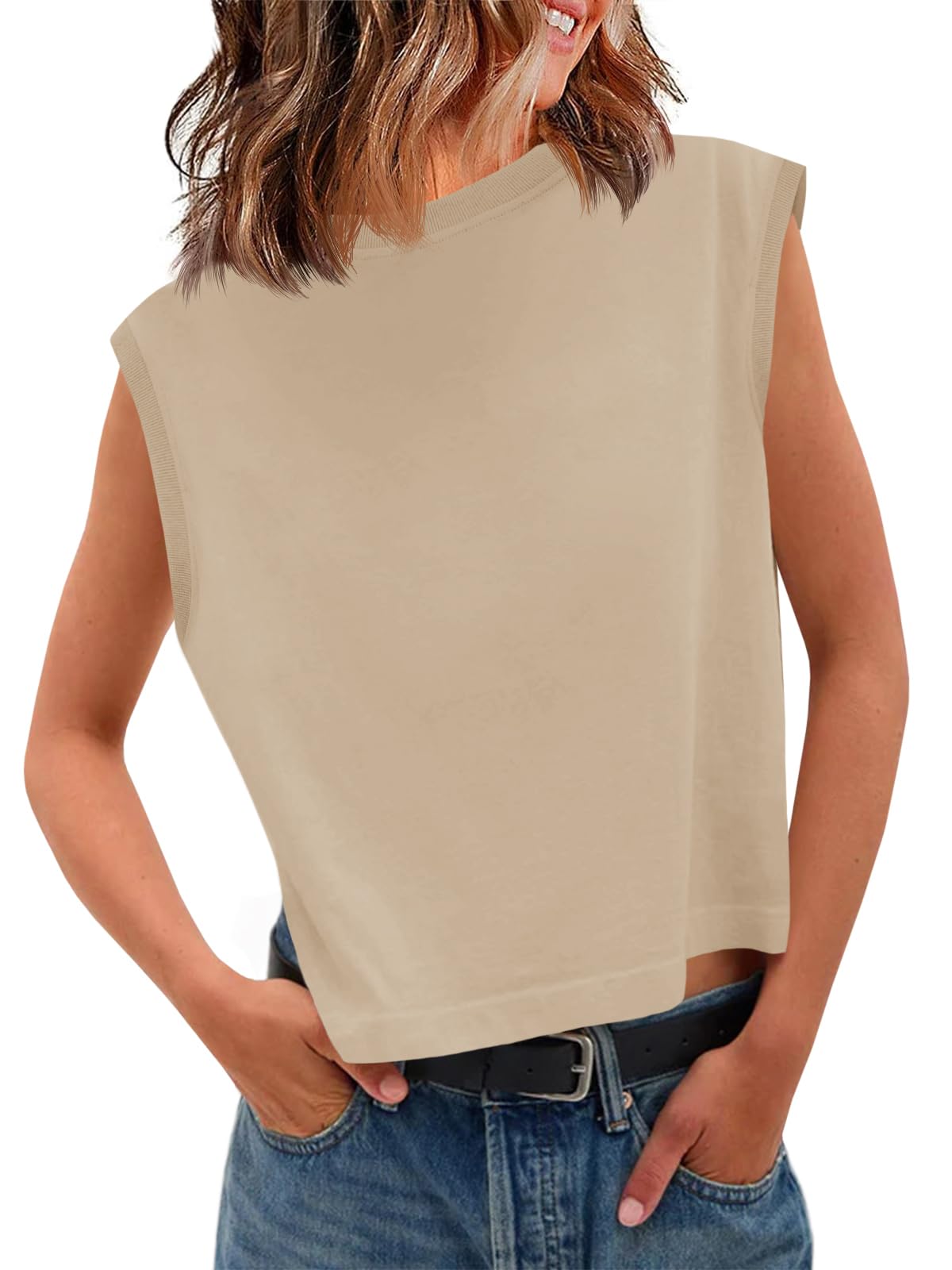 Tankaneo Womens Cropped Cap Sleeve Tank Tops Summer Basic Tee Shirts | Muscle Tank, Crew Neck, Sleeveless Shirts, Loose Fit, Casual Trendy, Boxy