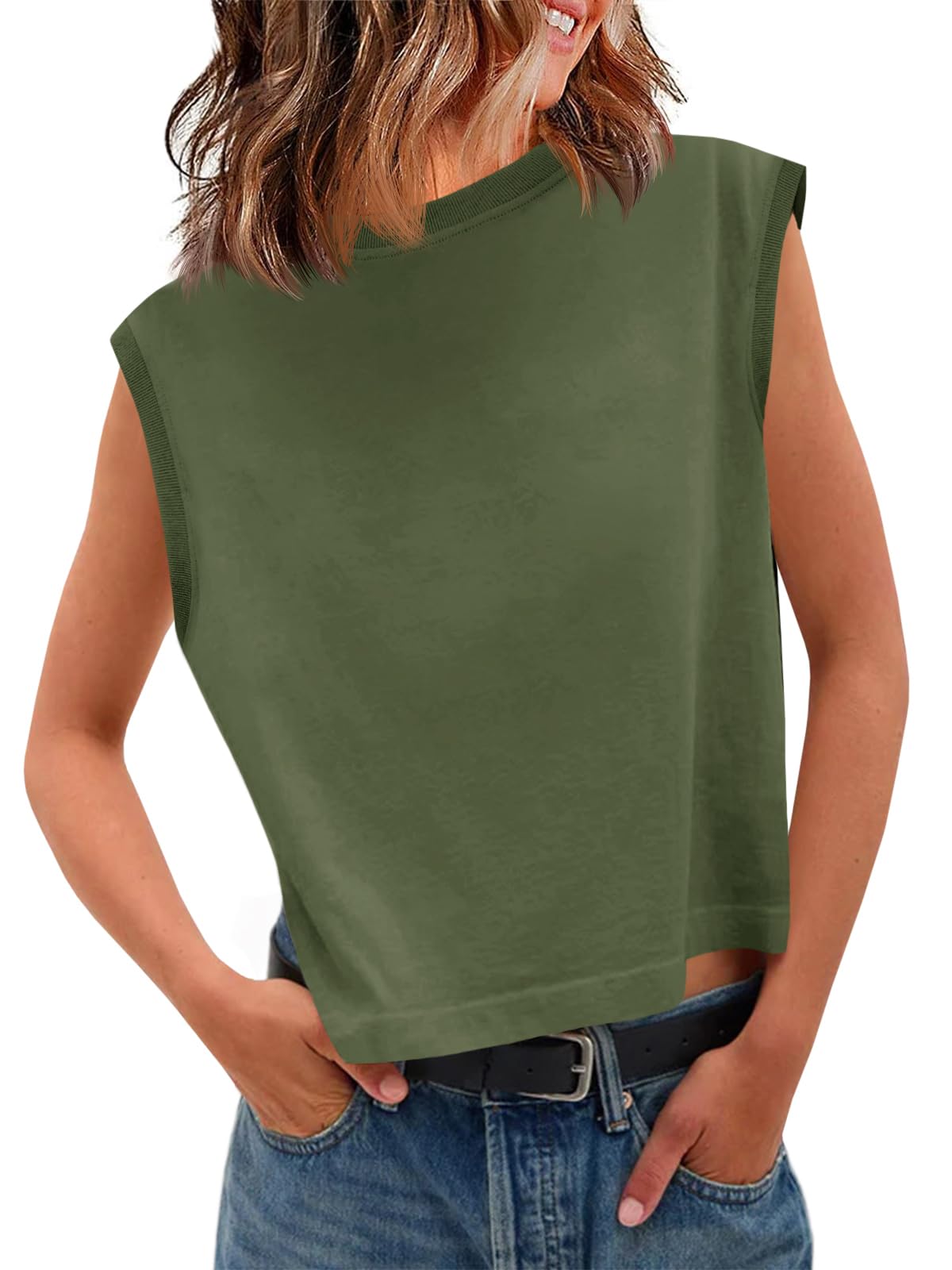 Tankaneo Womens Cropped Cap Sleeve Tank Tops Summer Basic Tee Shirts | Muscle Tank, Crew Neck, Sleeveless Shirts, Loose Fit, Casual Trendy, Boxy