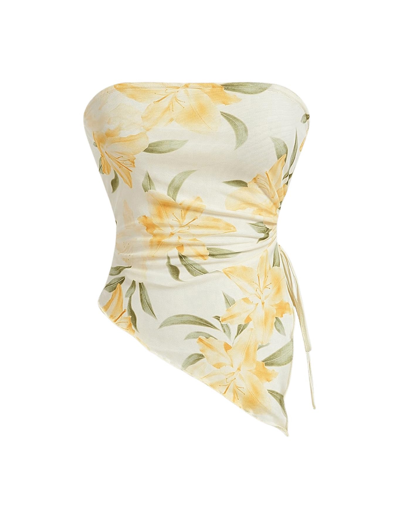 WDIRARA Women's Floral Strapless Side Ruched Asymmetrical Hem Tube Top | Y2k Floral, Strapless, Asymmetrical Hem, Side Ruched, Bandeau Crop Top