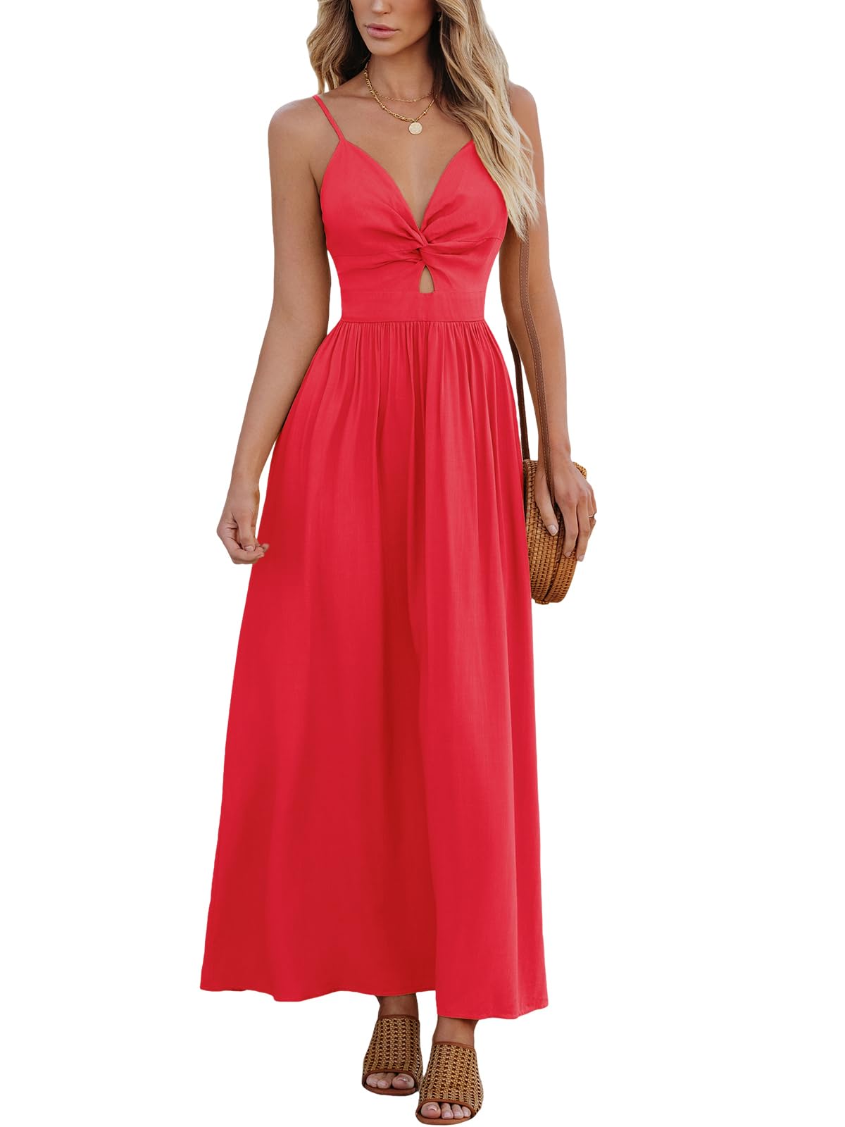 CUPSHE Women's V Neck Twisted Pleated Cutout Backless Formal Maxi Dress | Sleeveless, Self Tie Back, Adjustable Spaghetti Straps, Open Back, Casual Flowy Long Skirt, Summer Beach Resort Sundress