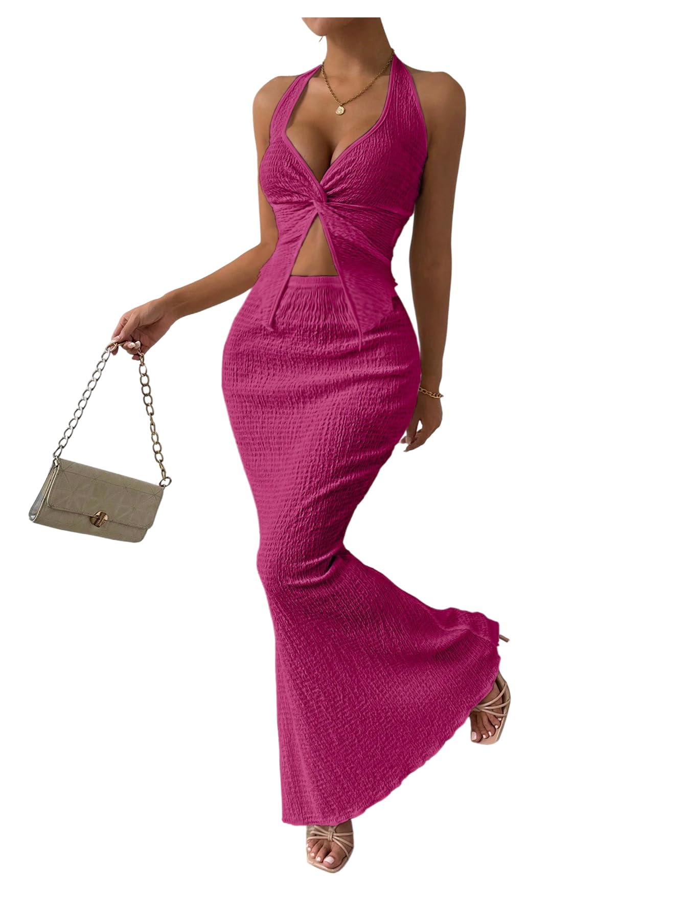 SOLY HUX Women's 2 Piece Outfit Twist Front Halter Cami Skirt Summer Set | Summer Vacation Outfits, Maxi Skirt Set