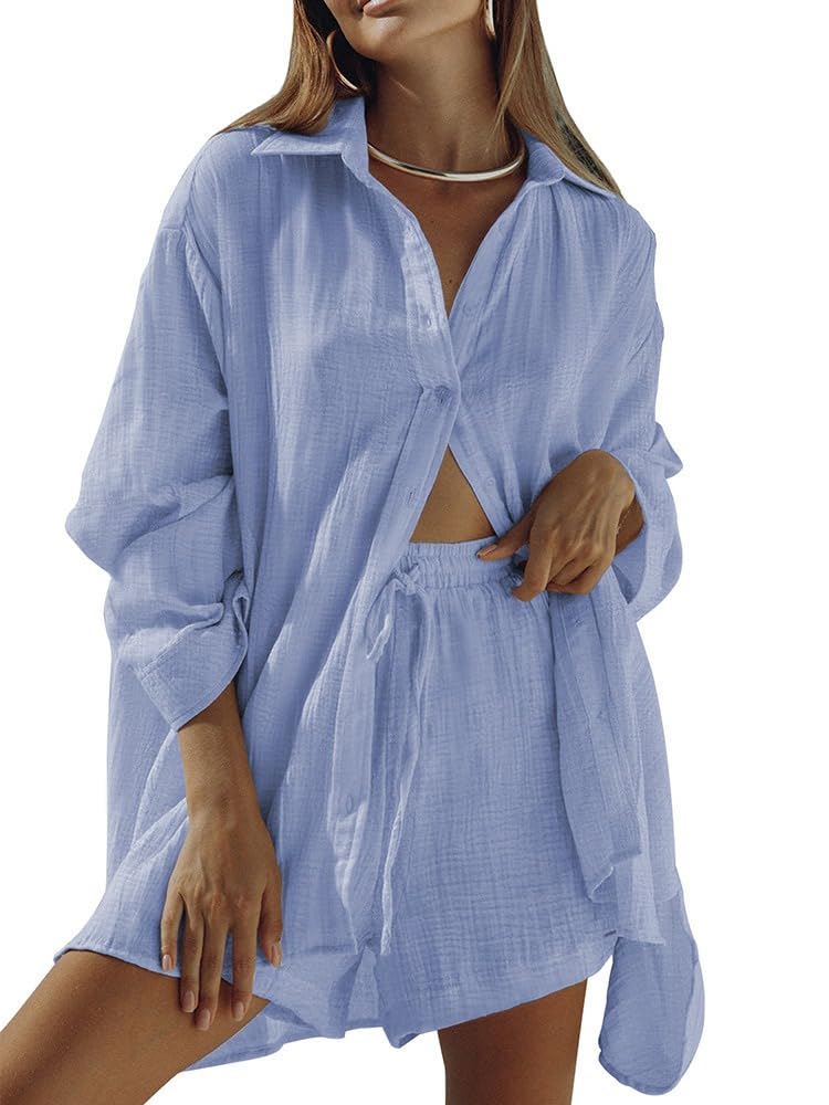 Fixmatti Women 2 Piece Outfits Long Sleeve Button Down Blouse and Shorts Sweatsuit Sets