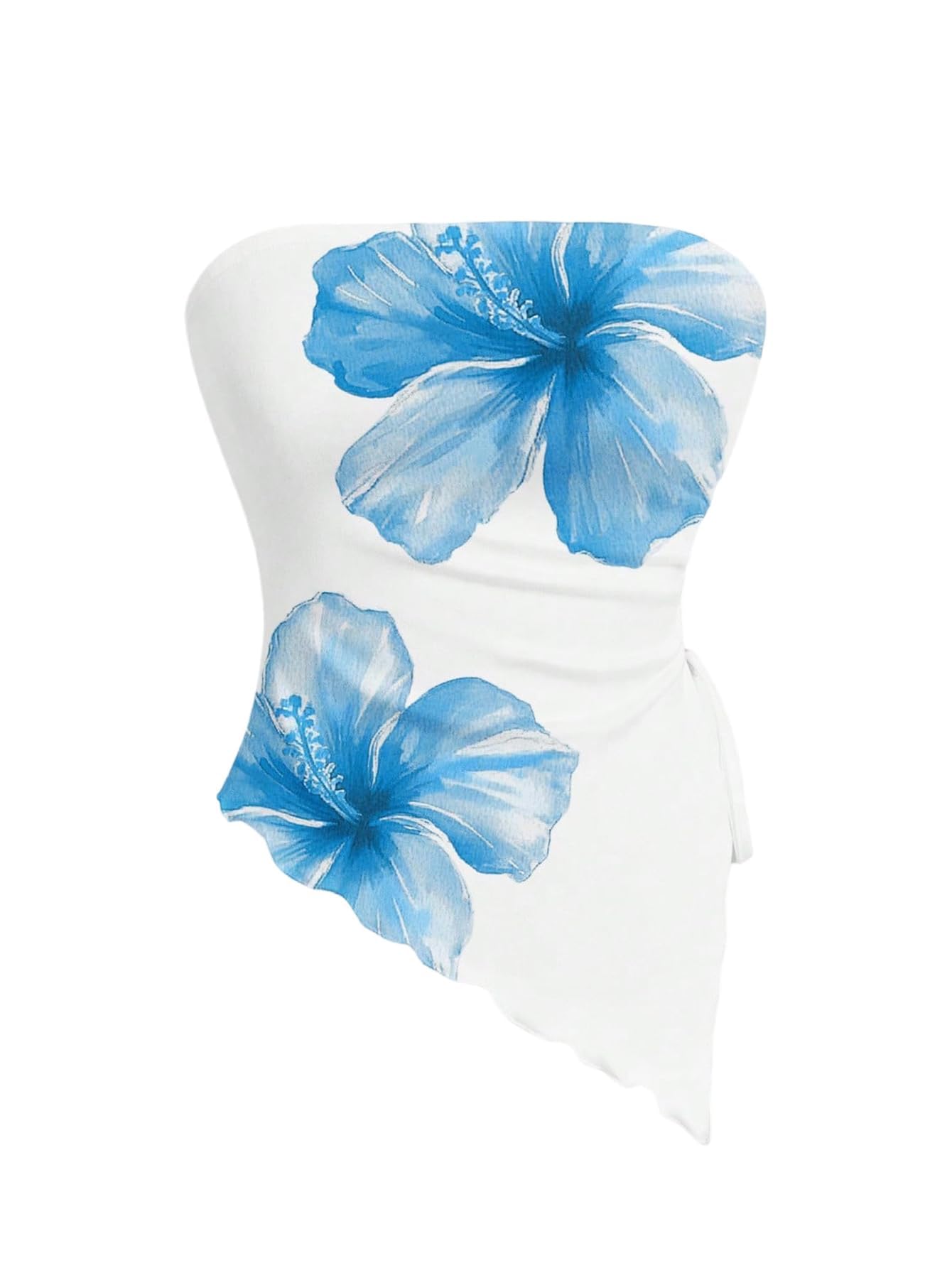 WDIRARA Women's Floral Strapless Side Ruched Asymmetrical Hem Tube Top | Y2k Floral, Strapless, Asymmetrical Hem, Side Ruched, Bandeau Crop Top