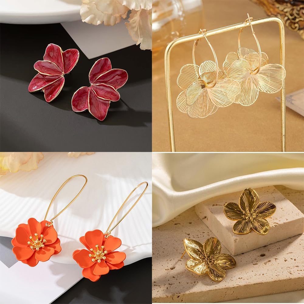 Flower Earrings for Women Summer Spring Beachy Vacation Daisy Statement Gold Earrings Set Tropical Jewelry Gift 4 Pairs