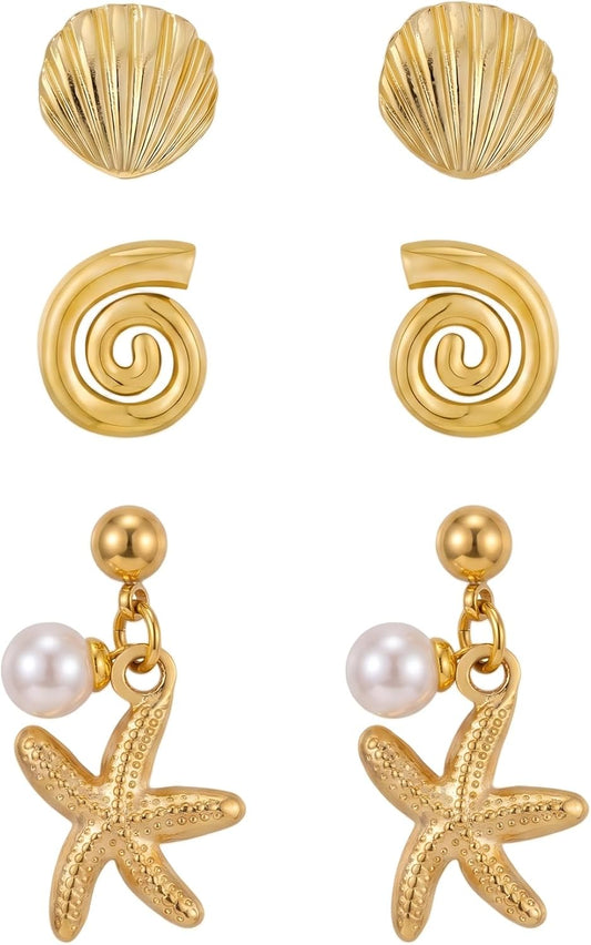 Seashell Starfish Earring for Women | 3 Pairs Ocean Seashell Earring, Summer Beach Vacation Jewelry Accessories