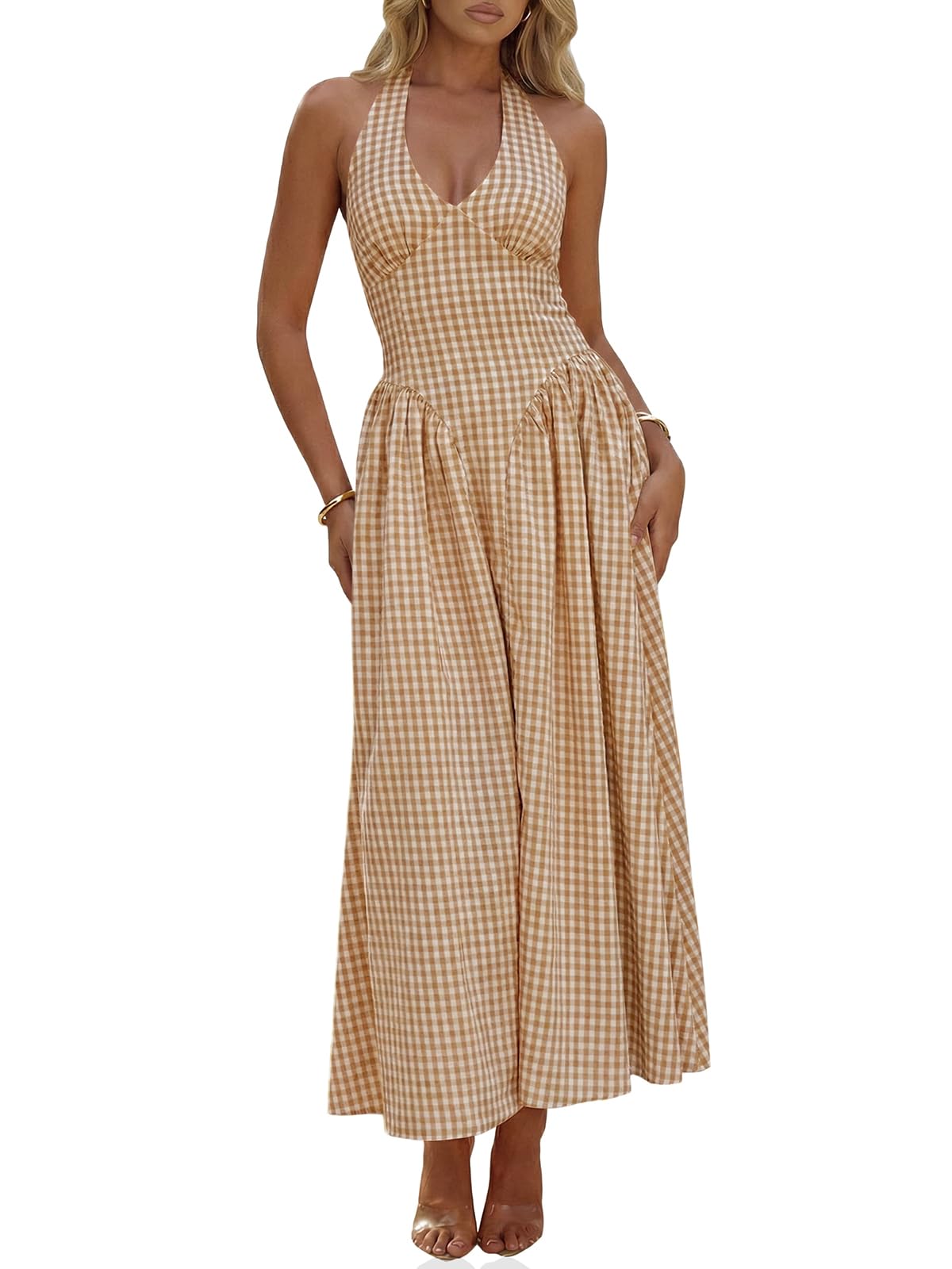 Wenrine Womens Halter V Neck Corset Maxi Dresses Summer Plaid Smocked Dress | Tie Back, Backless, Wedding Guest, Drop Waist, Sleeveless, Gingham, Pleated, Long dress with Pockets