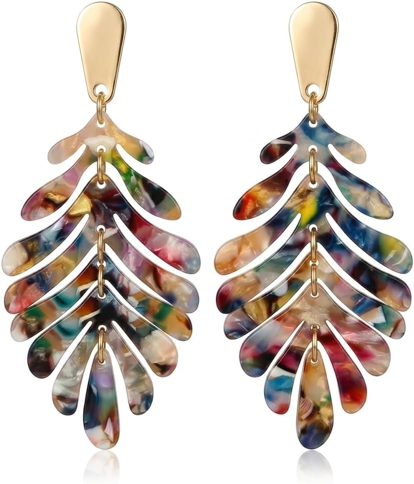 Sonateomber Large Gold Leaf Dangle Drop Earrings for Women, Long Statement Acrylic Palm Leaf Resin Dangling Earing Summer Beach Vacation Tropical Accessories Fashion Jewelry Gift